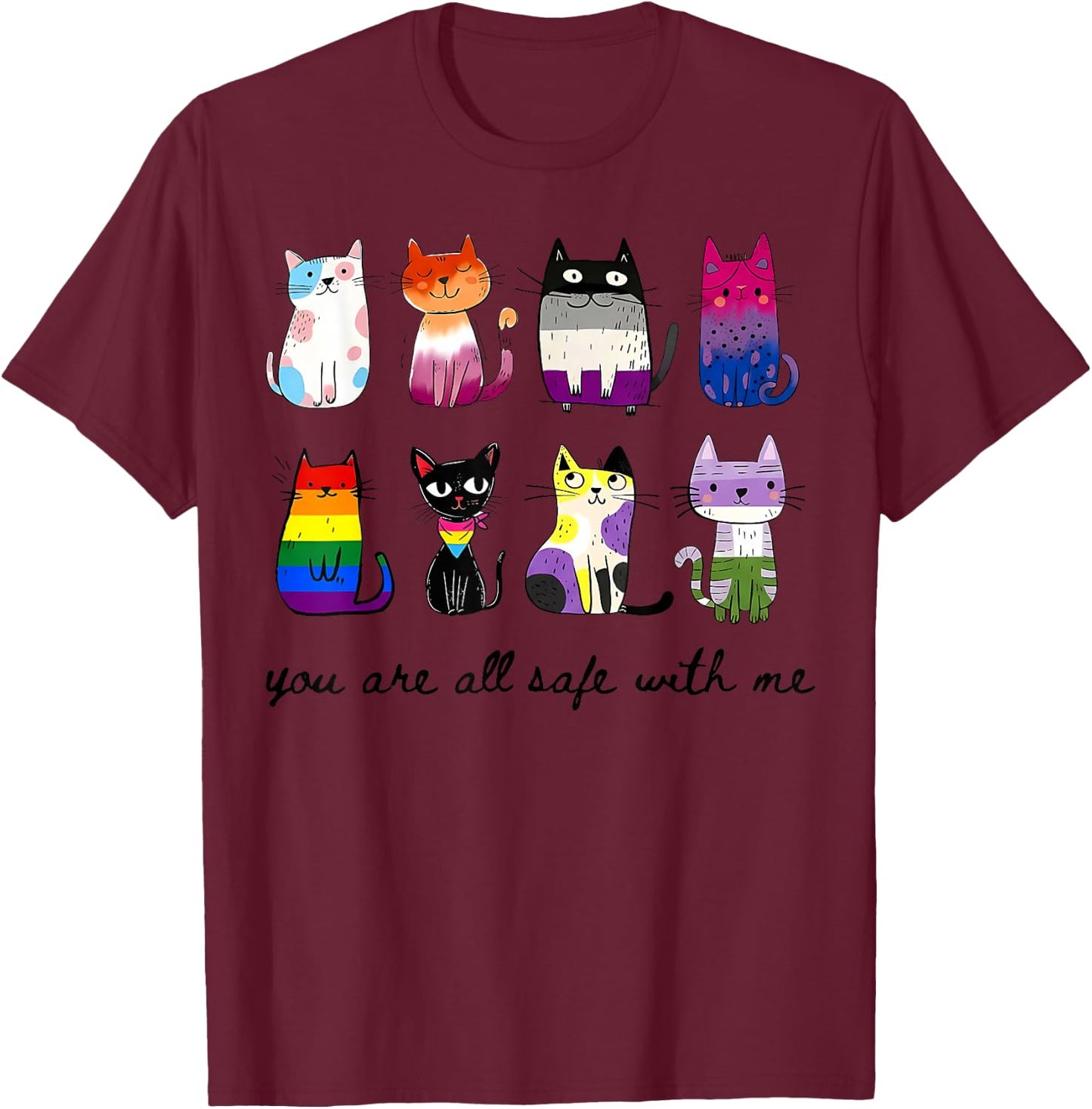 You are All Safe with Me Multi Flag LGBTQ Cat T-Shirt - T-Shirt | Maroon