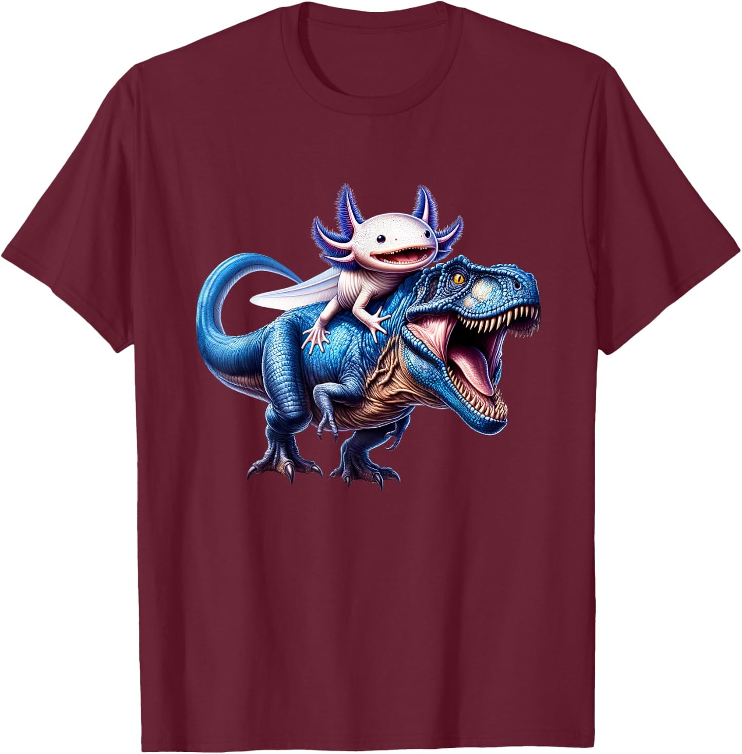 Axolotl Riding T-Rex Dinosaur Lover T-Shirt - T-Shirt | Maroon