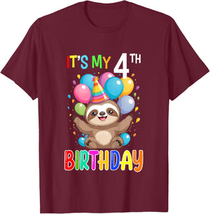 Sloth Birthday 4 Birthday Party Boys Girls 4th Birthday T-Shirt - T-Shirt | Maroon