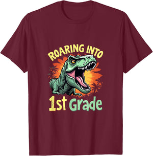 Roaring into 1st Grade Fun Dinosaur T-Rex Roar School T-Shirt - T-Shirt | Maroon