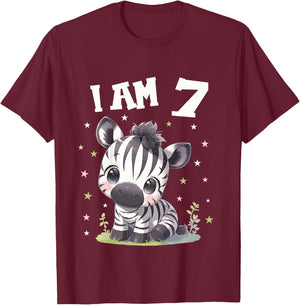 Kids 7 Years old 7 birthday Zebras Boy Girl Zebra T-Shirt - T-Shirt | Maroon