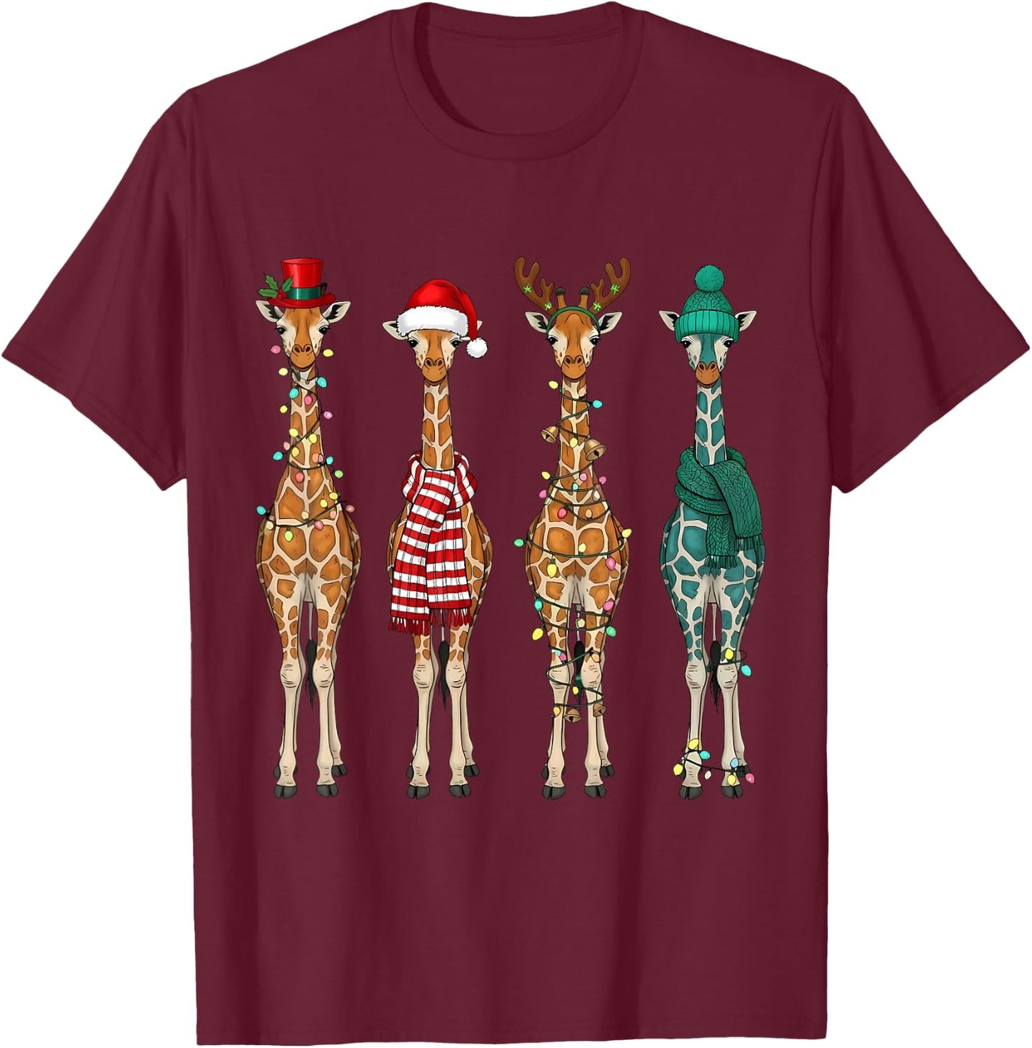 Cute Christmas Giraffe Santa Hat Xmas Lights Holiday Animal T-Shirt - T-Shirt | Maroon