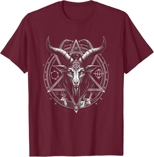 Pentagram Goat Head Baphomet Satan Satanic Devil Graphic T-Shirt - T-Shirt | Maroon