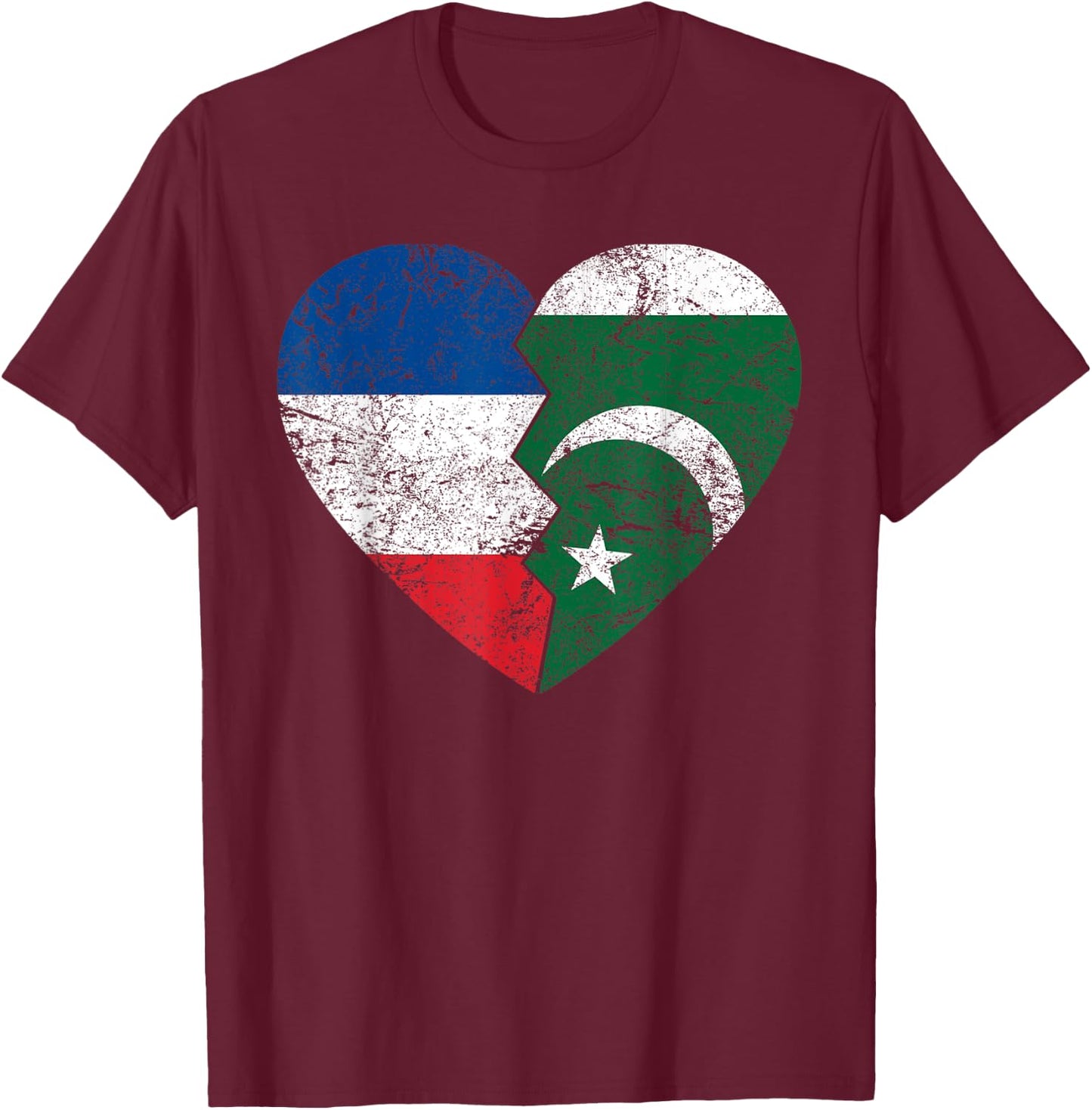 French Pakistani Heart Flag | France Pakistan Roots Vintage , Black, S T-Shirt - T-Shirt | Maroon