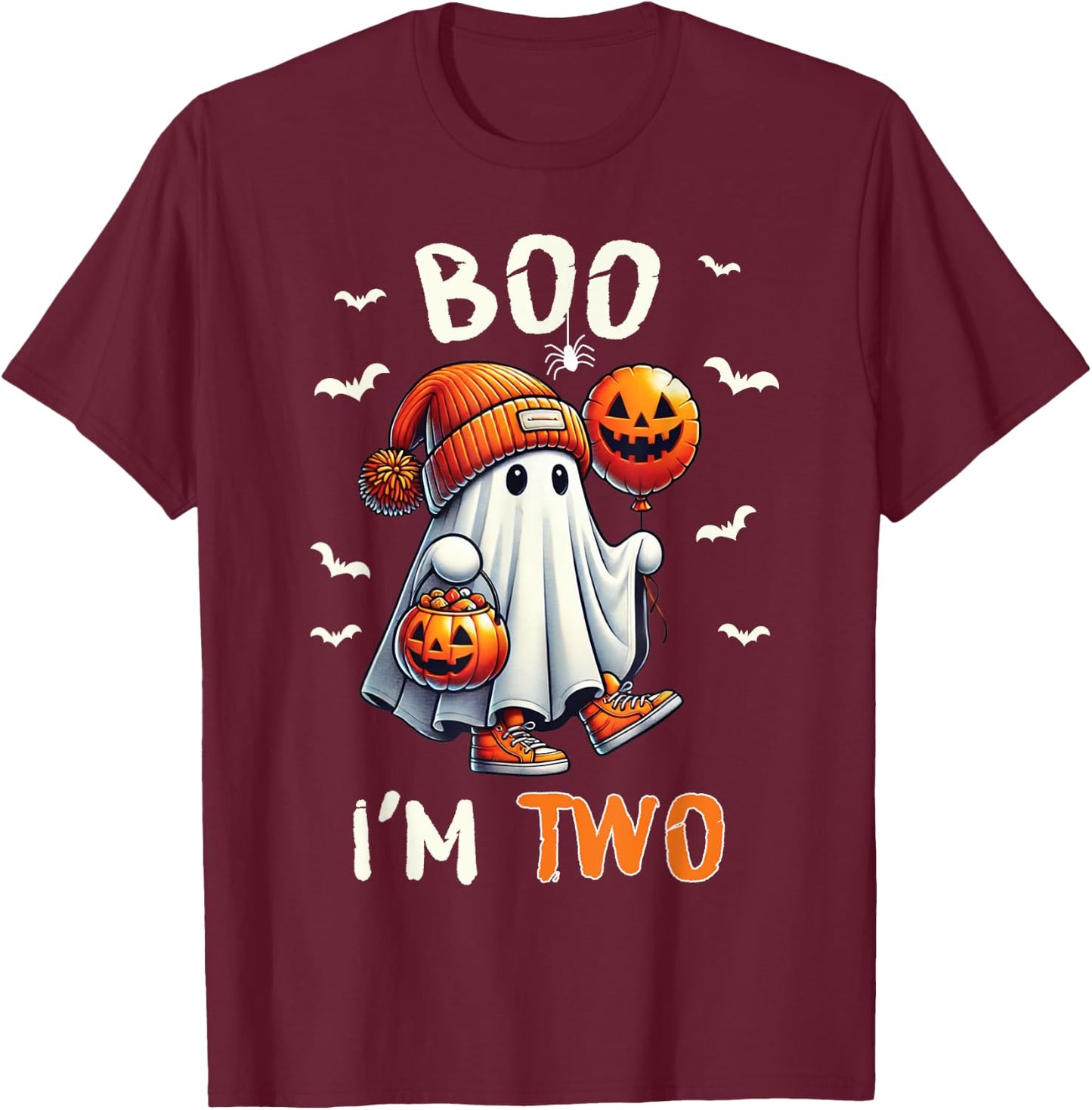 Boo I'm Two Ghost 2nd Birthday Halloween Boy Kids Groovy T-Shirt - T-Shirt | Maroon