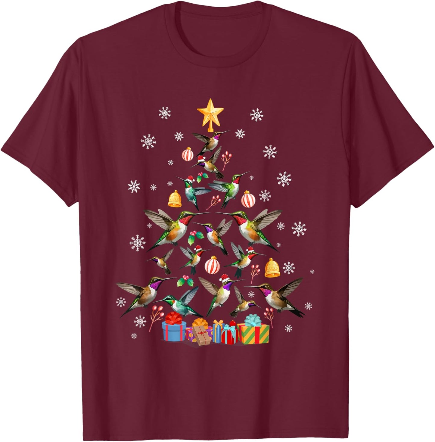 Funny Xmas Celebration Party Family Friends -Kids Teens Adults Hummingbird Christmas Tree Black T-Shirt - T-Shirt | Maroon