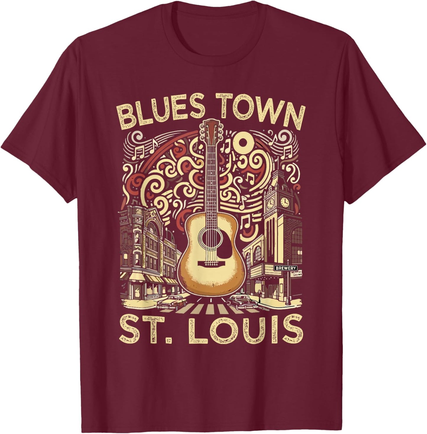 Blues Town St Louis Souvenir Men Guitar Music St Louis T-Shirt - T-Shirt | Maroon