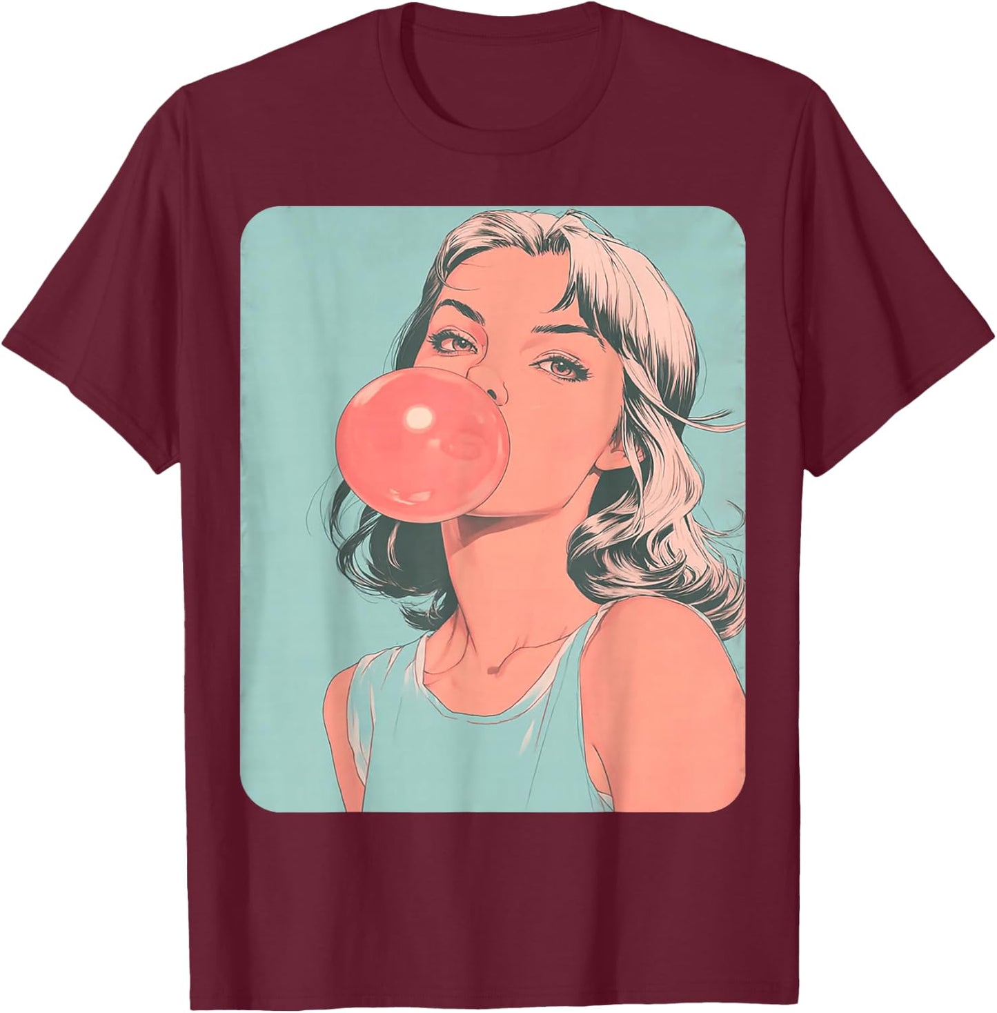 Cute Girl Pink Bubble Gum Anime Women's Female T-Shirt - T-Shirt | Maroon