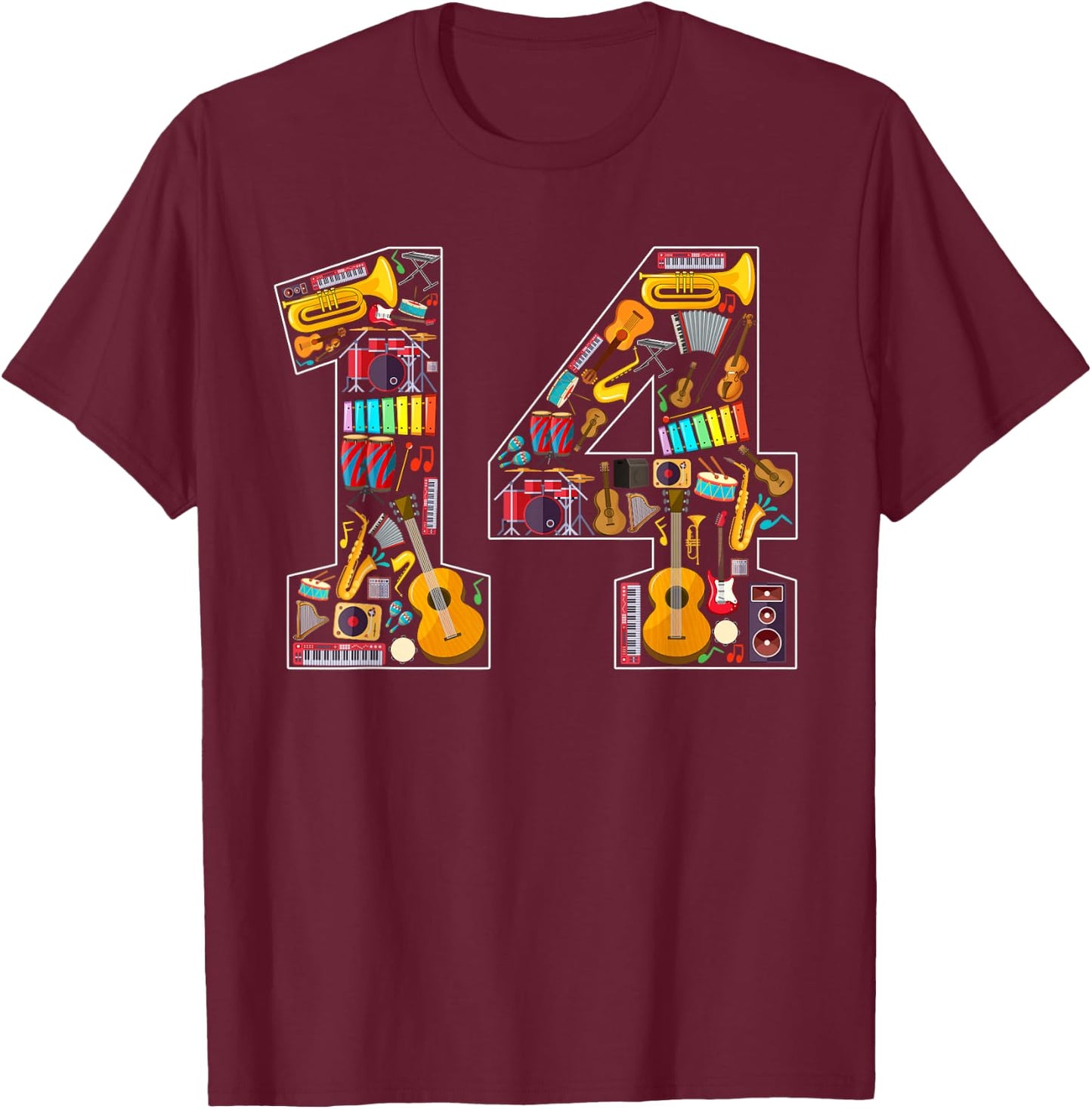 14th Birthday Musical Instruments Theme 14 Year Old Party T-Shirt - T-Shirt | Maroon