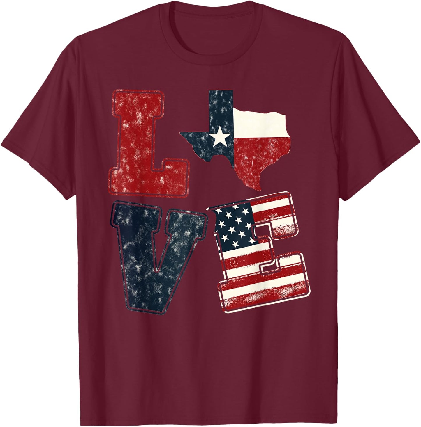 Distressed Retro TX 4th July American Flag I Love Texas Flag T-Shirt - T-Shirt | Maroon