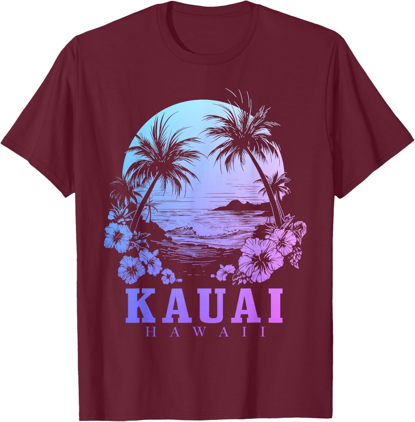 Kauai Hawaii Hawaiian Hibiscus Flowers Surfer Souvenir T-Shirt - T-Shirt | Maroon