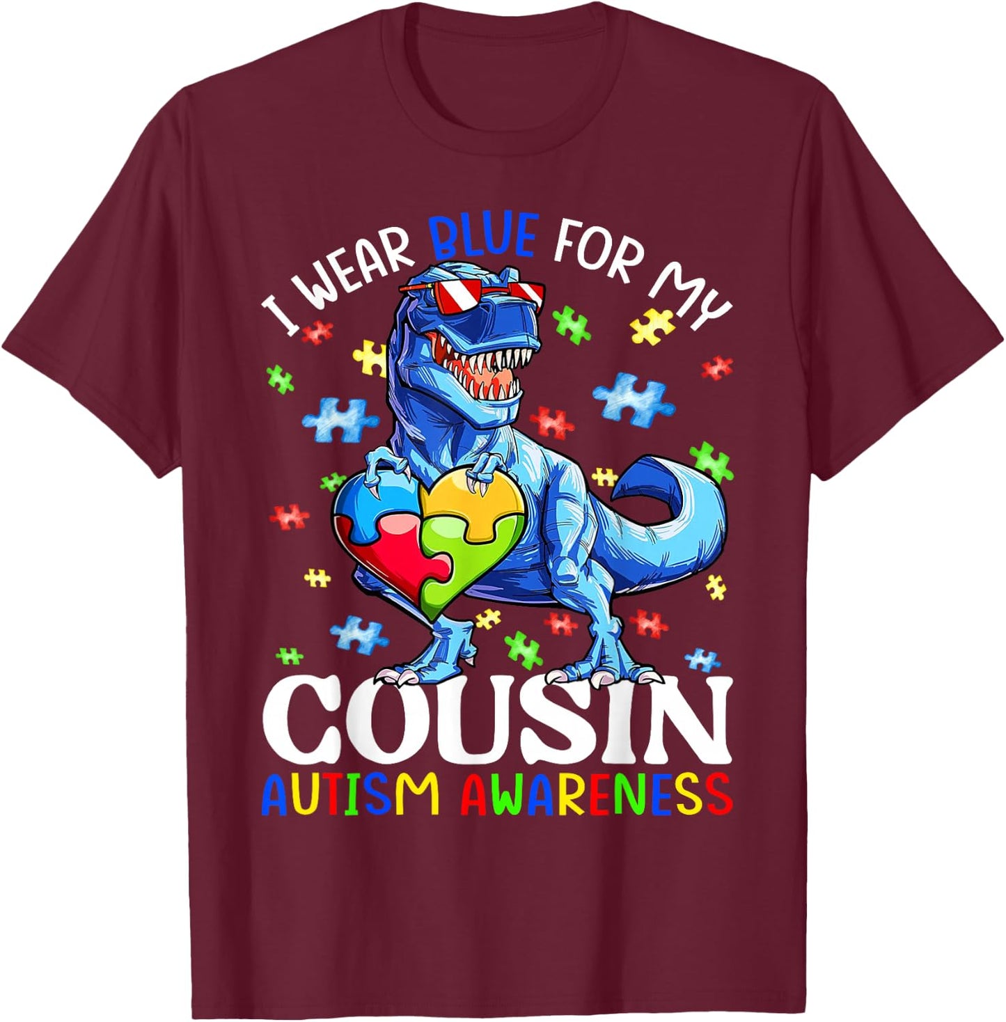 I Wear Blue For My Cousin Autism Awareness Dinosaur Boys T-Shirt - T-Shirt | Maroon
