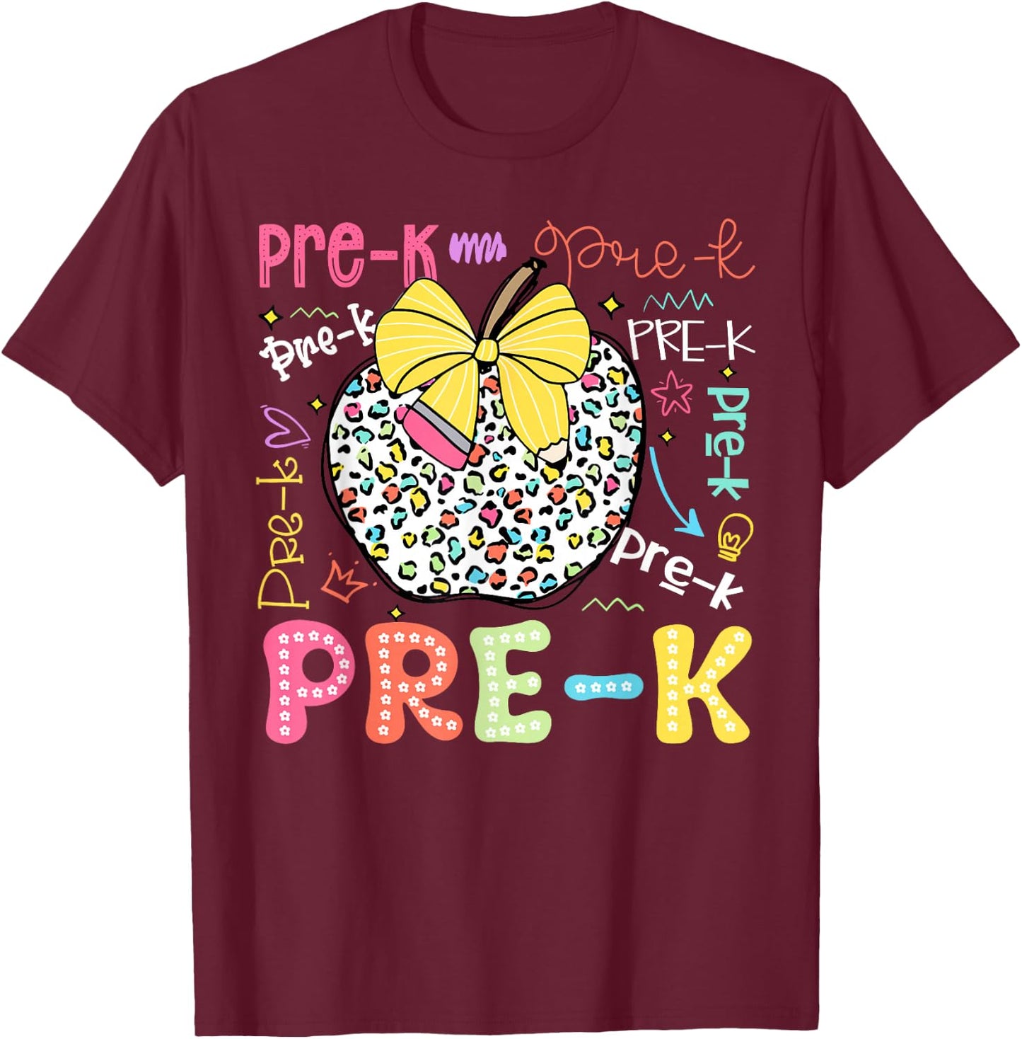 Pre-K Typography First Day Back To School Leopard Apple T-Shirt - T-Shirt | Maroon