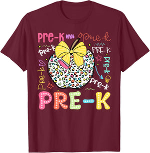 Pre-K Typography First Day Back To School Leopard Apple T-Shirt - T-Shirt | Maroon