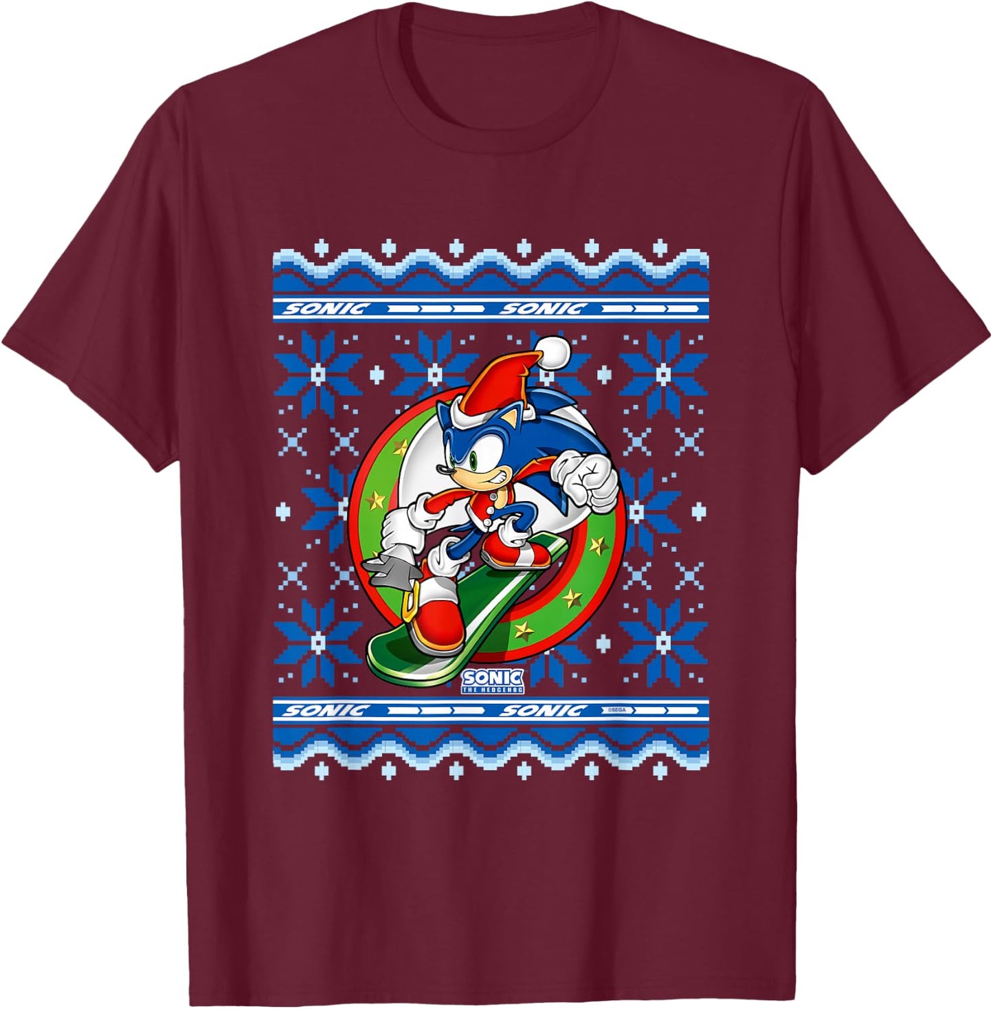 Sonic The Hedgehog Christmas Shredding Sonic Ugly Sweater T-Shirt - T-Shirt | Maroon