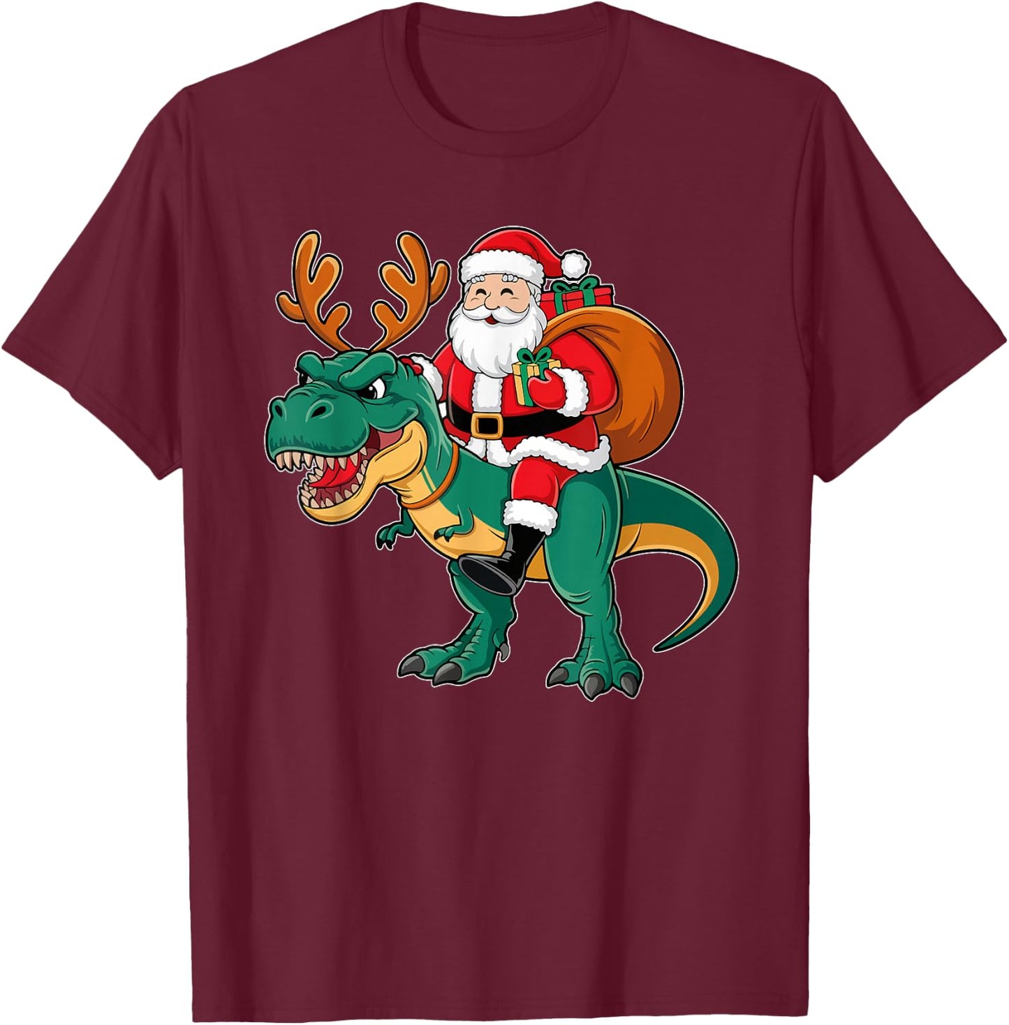 Funny Christmas Santa Riding Trex Kids Christmas Boys T-Shirt - T-Shirt | Maroon