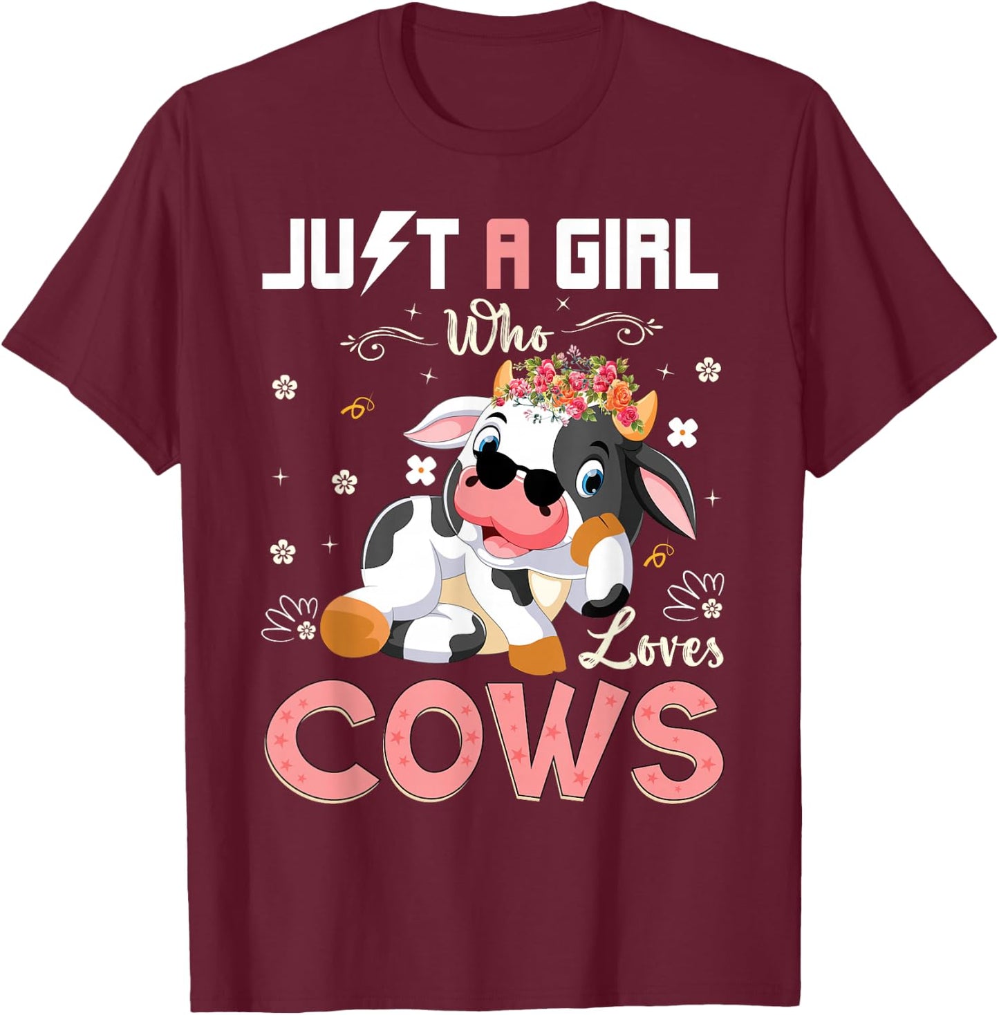 Just A Girl Who Loves Cows Cute Strawberry Cow Cowgirl Print T-Shirt - T-Shirt | Maroon