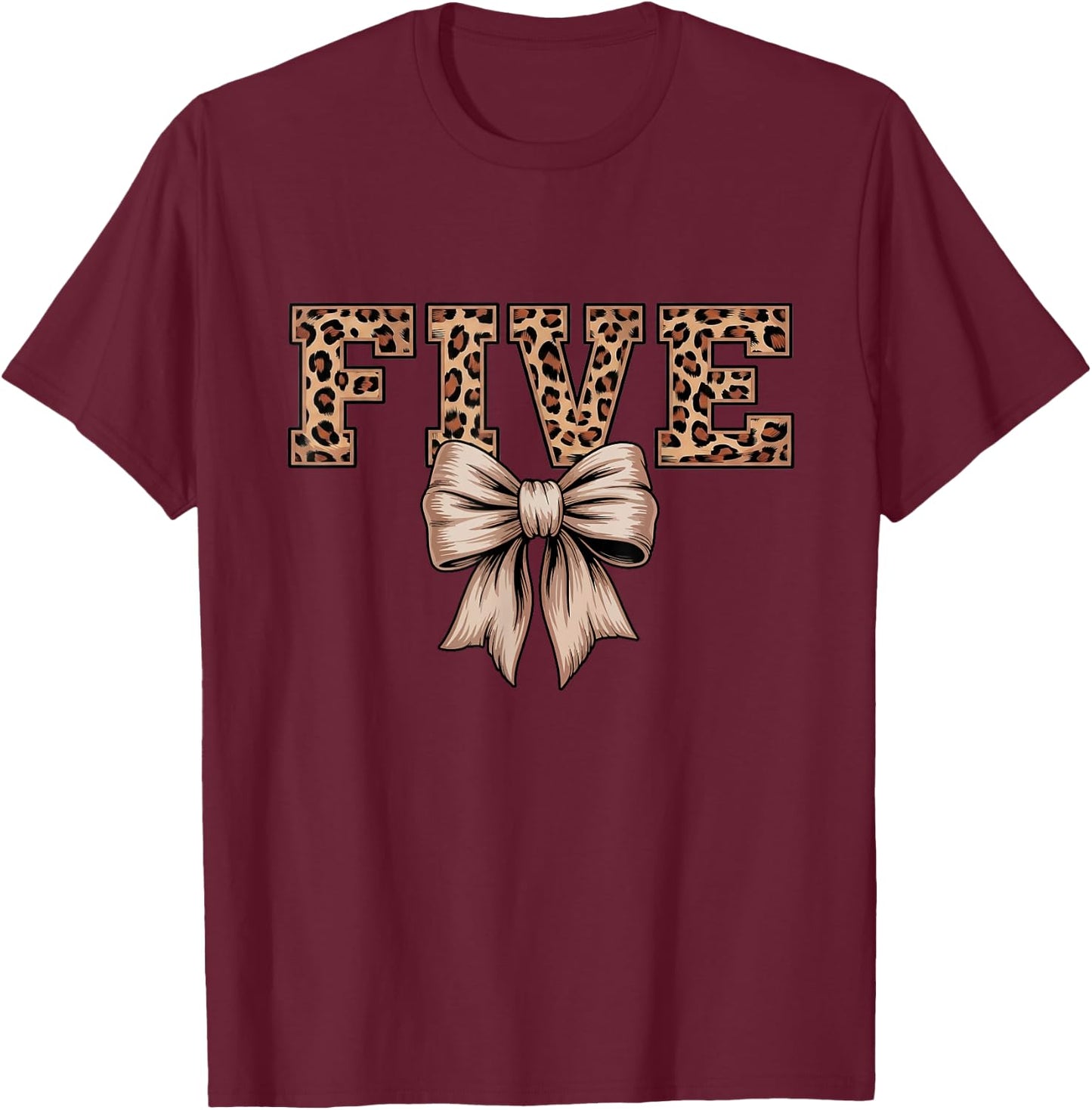 Birthday Girl Leopard Coquette Bow Chic 5 Year Old T-Shirt - T-Shirt | Maroon