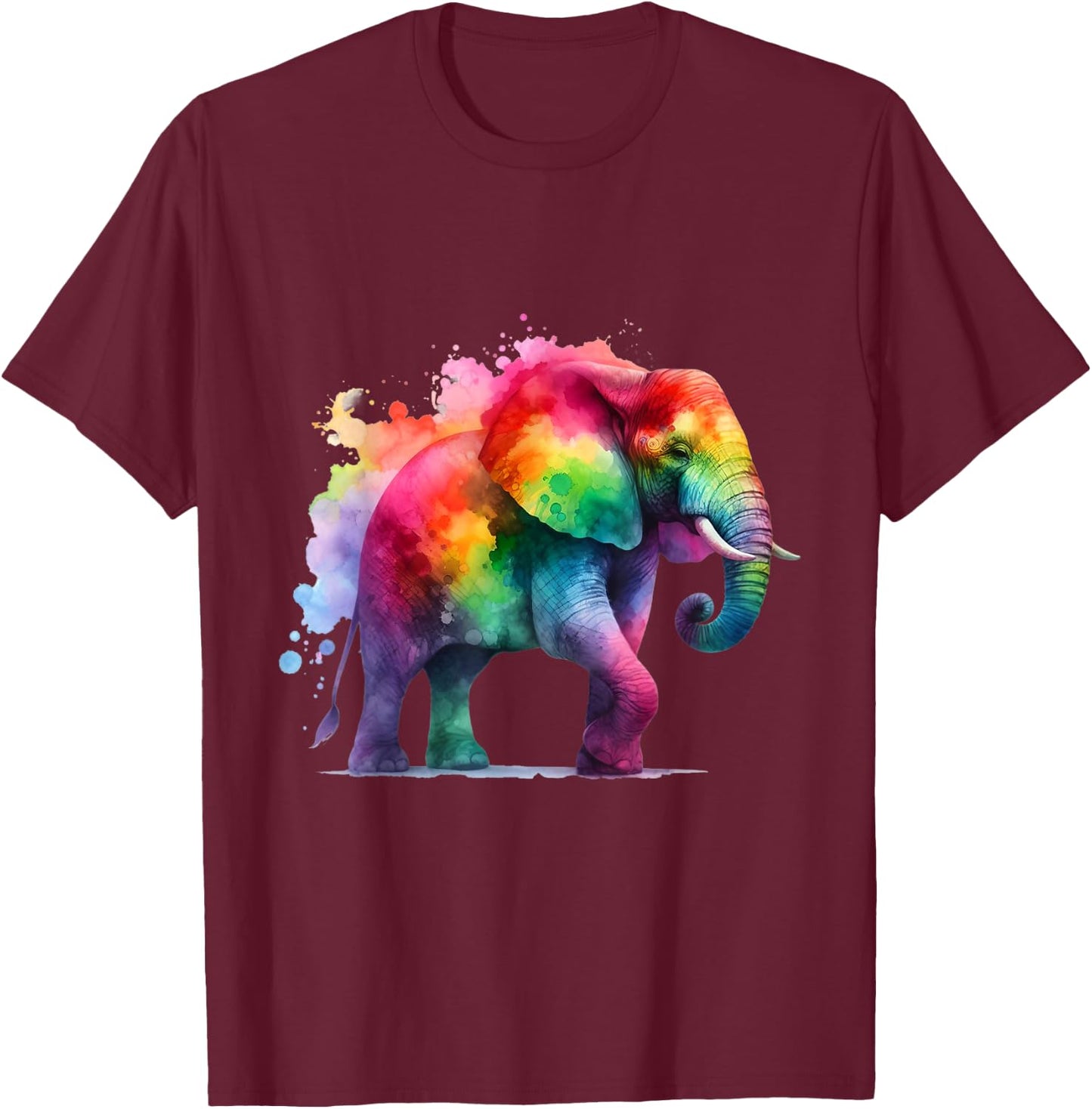 Elephant Art - Rainbow Watercolor Animal with Paint Splashes T-Shirt - T-Shirt | Maroon