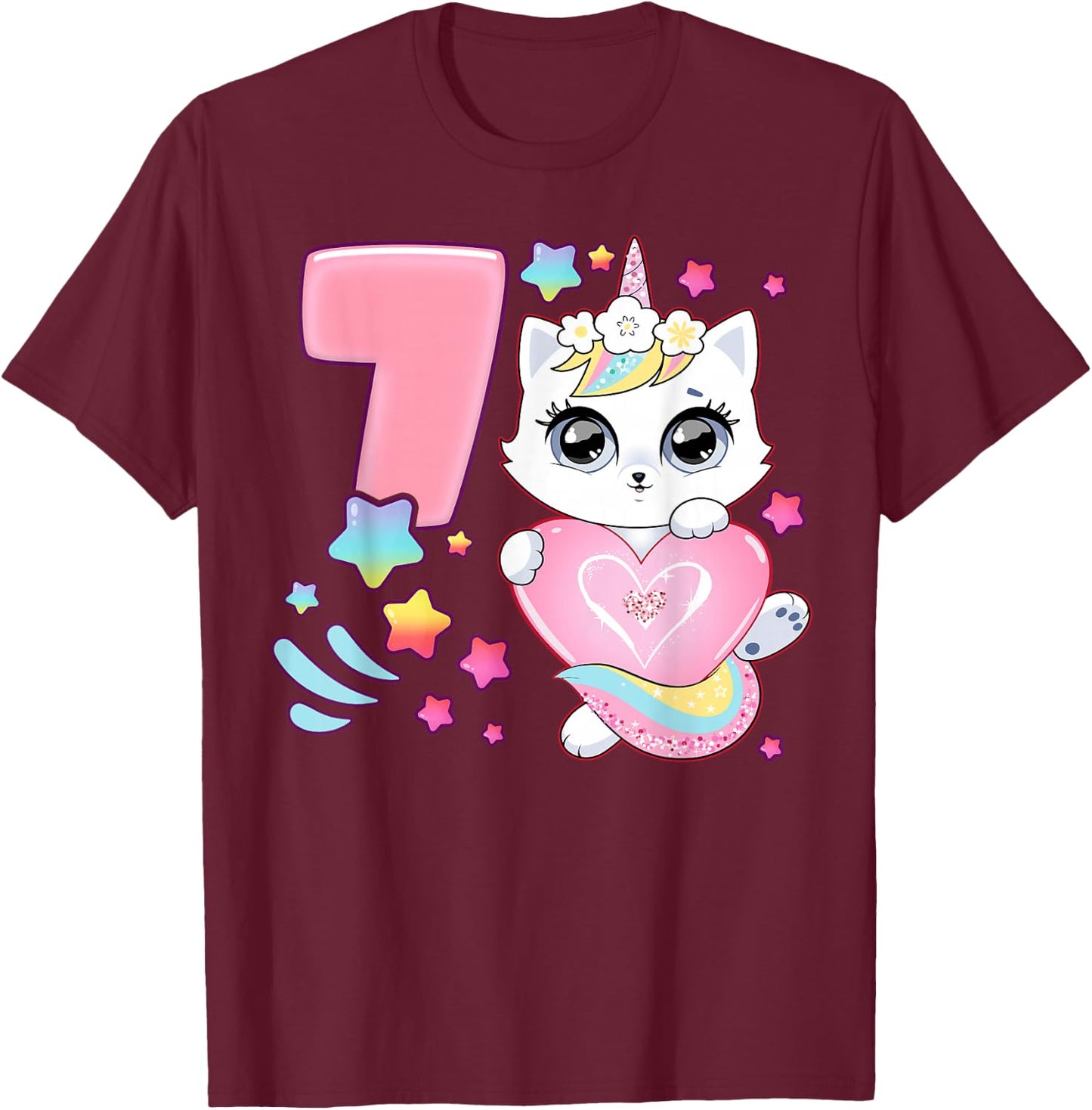 Geburtstag Mädchen 7 Jahre, Katze, Einhorn, 7. Geburtstag T-Shirt - T-Shirt | Maroon