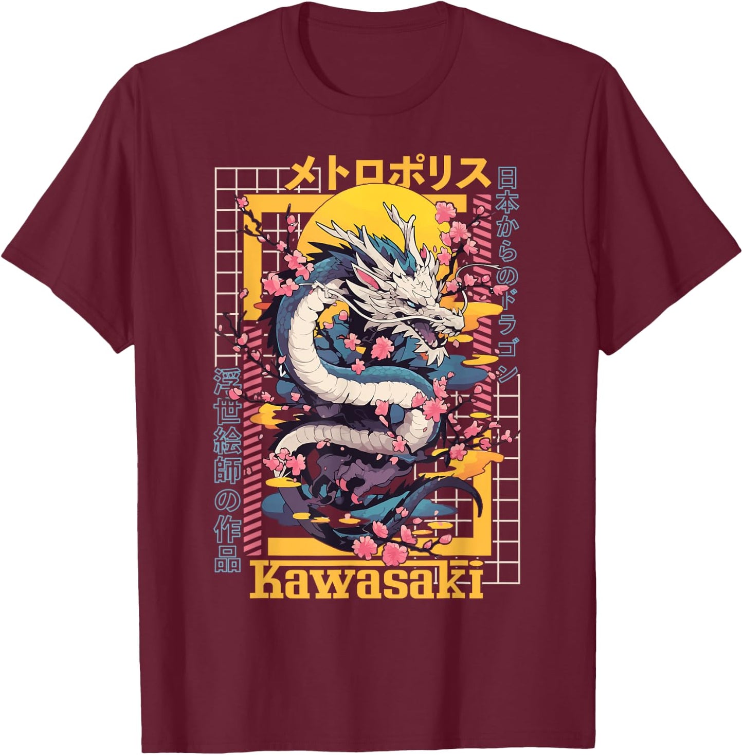 Kawasaki City Synthwave 80s Dragon Asian Vaporwave T-Shirt - T-Shirt | Maroon