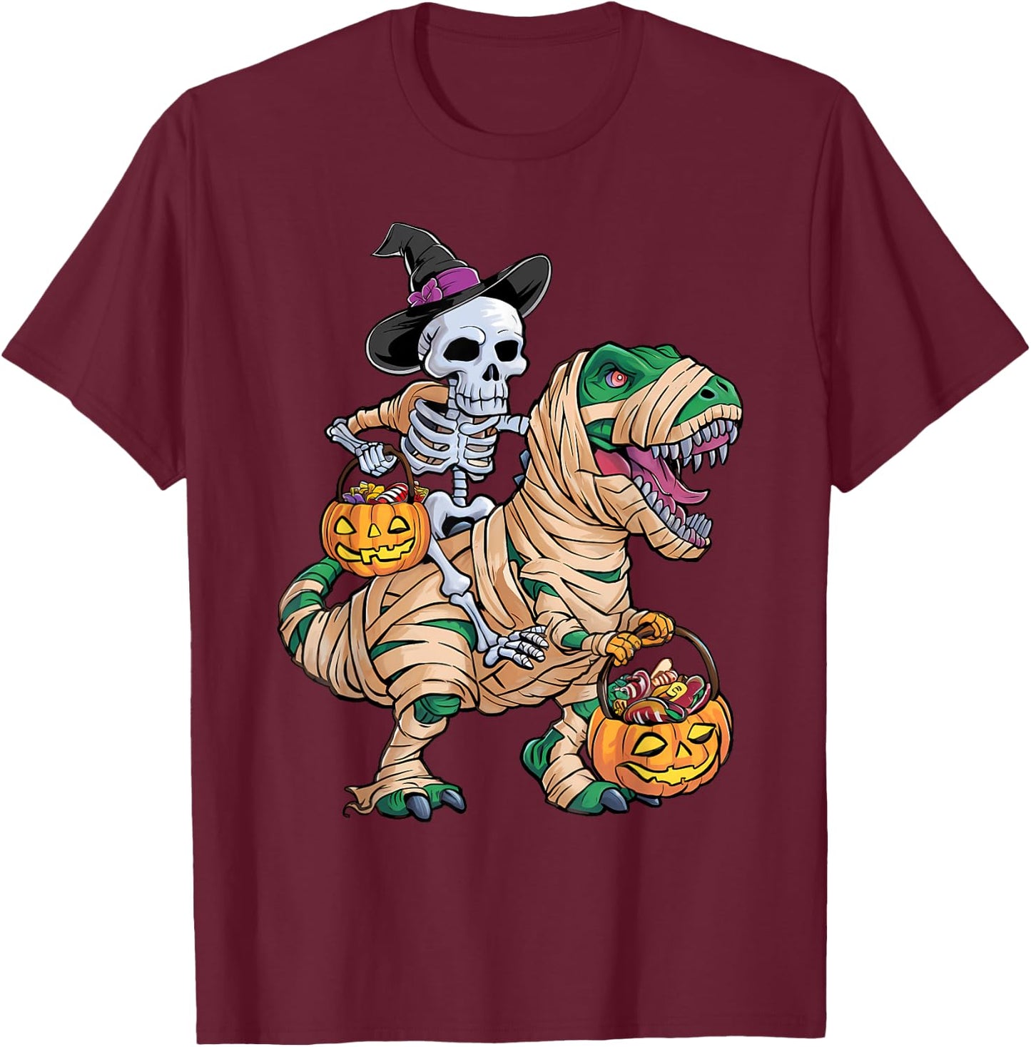 Skeleton Riding Mummy Dinosaur T rex Halloween Funny Kid Boy T-Shirt - T-Shirt | Maroon