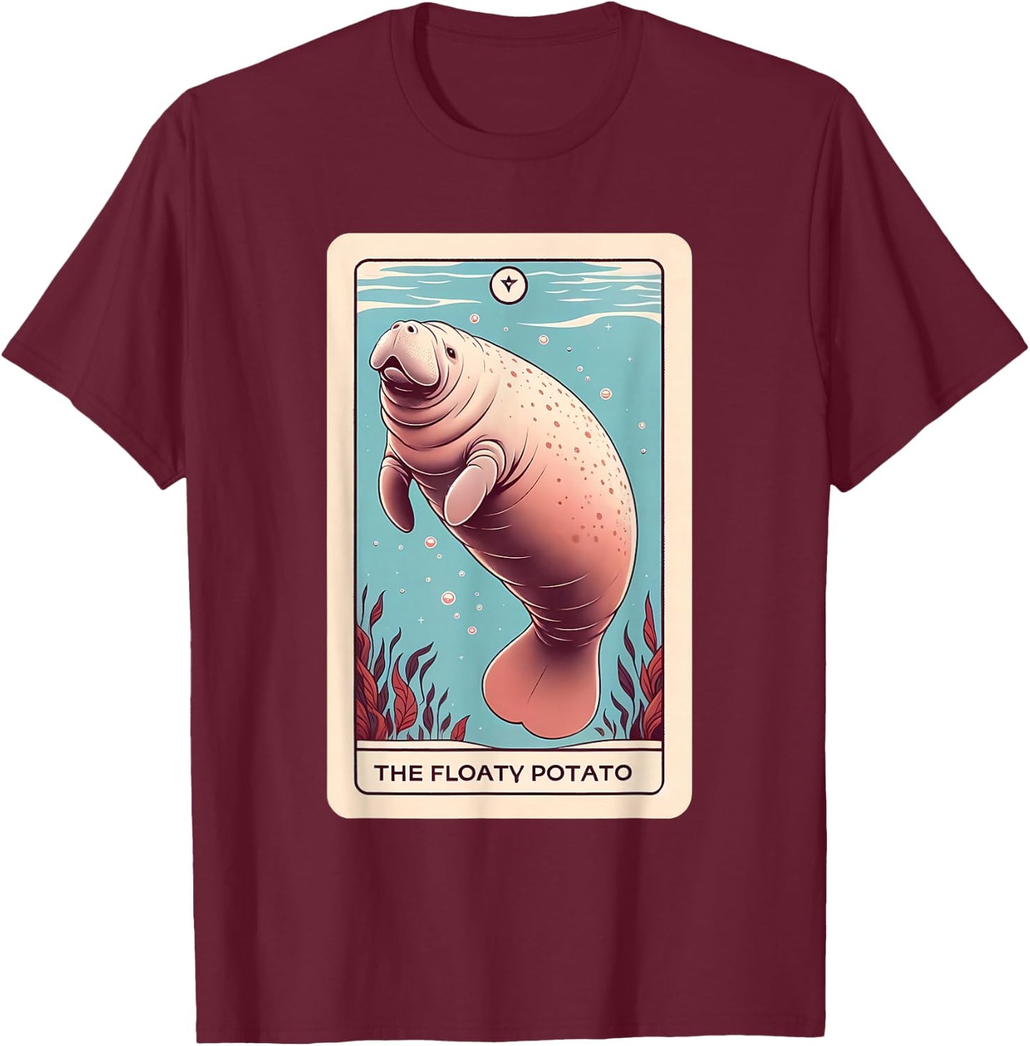 Manatee "Floaty Potato" Funny Tarot Card T-Shirt - T-Shirt | Maroon