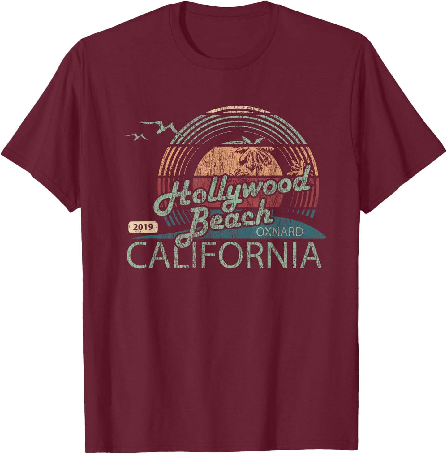 Vintage Retro Hollywood Beach Oxnard California T-Shirt - T-Shirt | Maroon