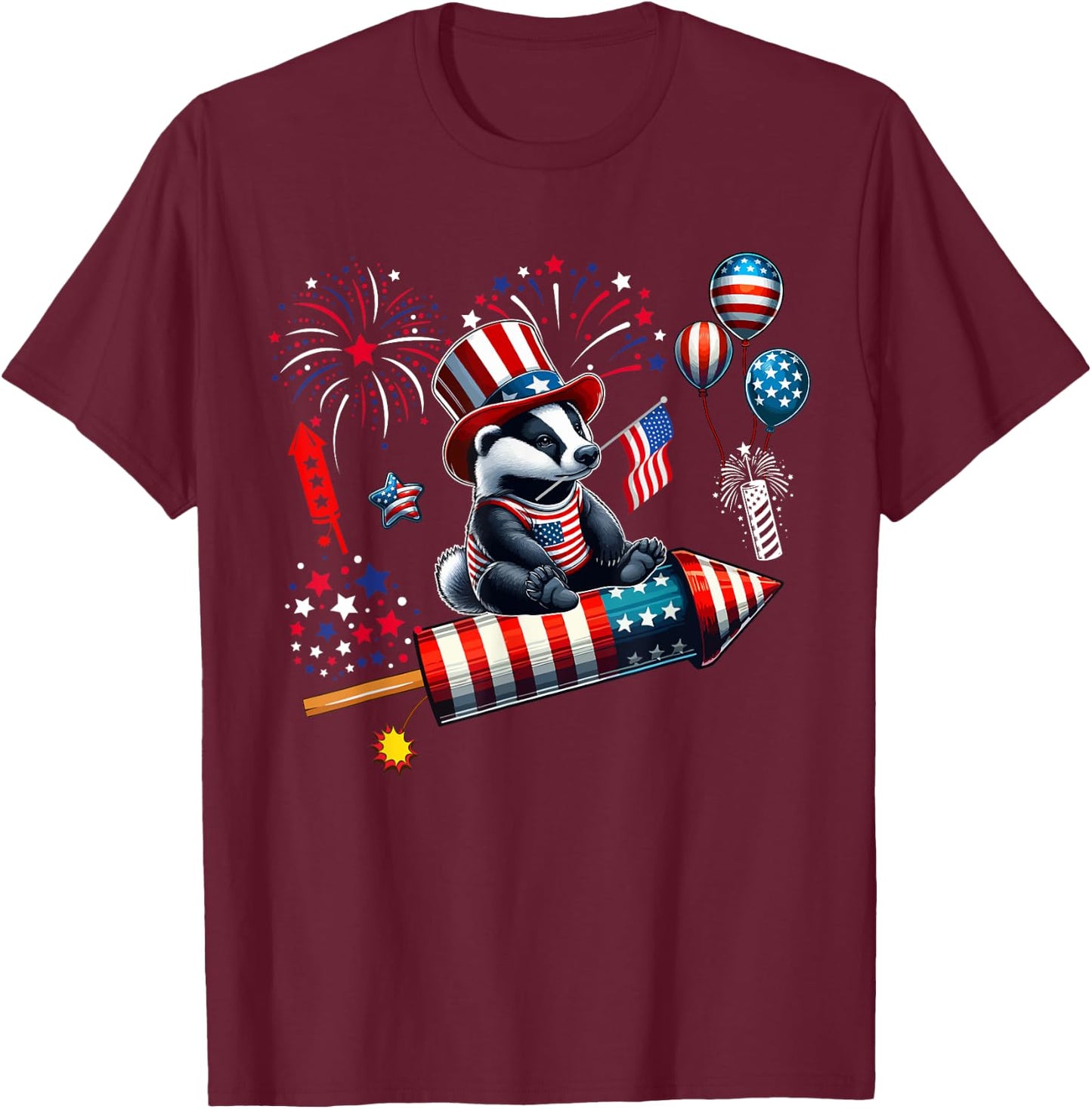 Badger Riding Firecracker US Flag 4th Of July Fireworks T-Shirt - T-Shirt | Maroon