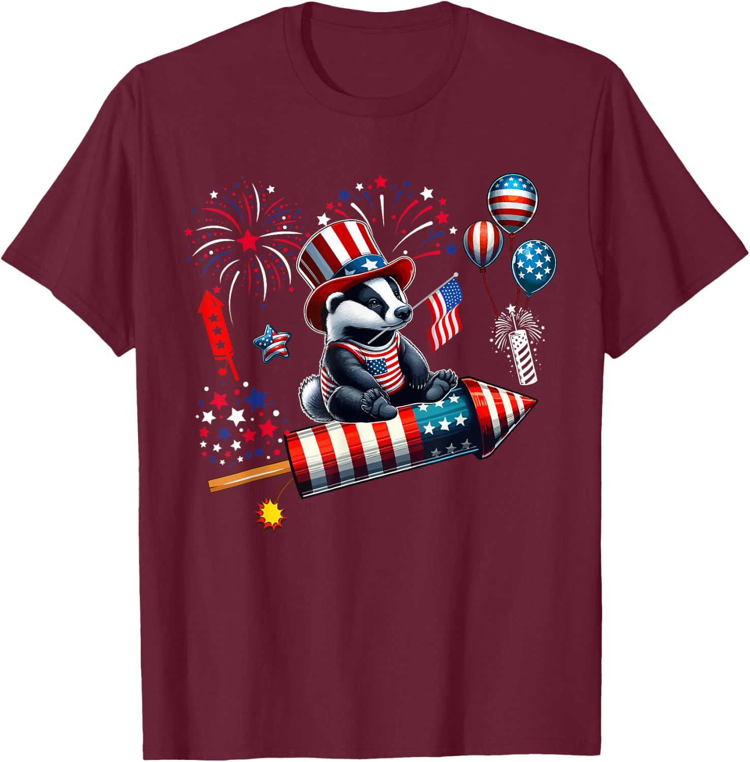 Badger Riding Firecracker US Flag 4th Of July Fireworks T-Shirt - T-Shirt | Maroon