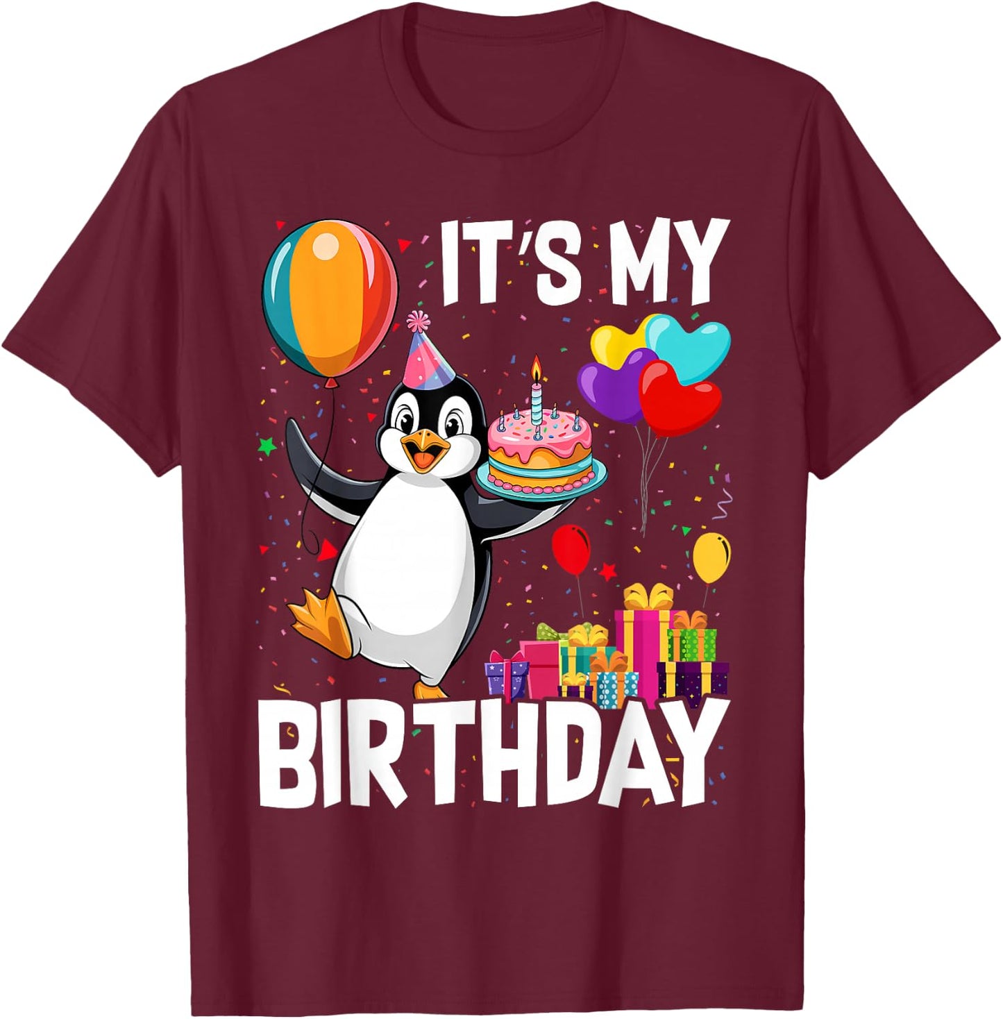 Penguin Birthday Balloons Kids Birthday Party Cute Penguin T-Shirt - T-Shirt | Maroon