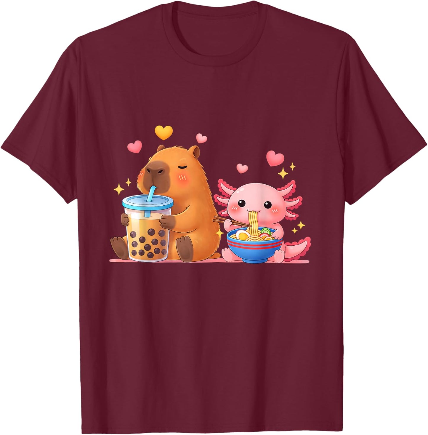 Cute Capybara Drink Boba Tea and Axolotl Eat Ramen Noodles T-Shirt - T-Shirt | Maroon