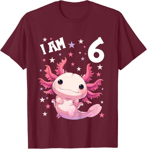 Kids 6 Years old 6 birthday Axolotls Boy Girl Axolotl T-Shirt - T-Shirt | Maroon