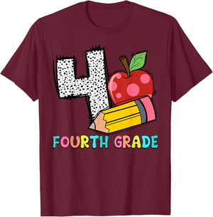 4 Is For Fourth Grade Teacher Pencil Apple Back To School T-Shirt - T-Shirt | Maroon