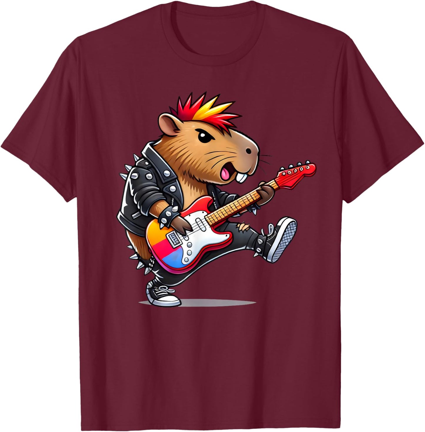 Cute Punk Capybara, Rock'n Roll Goth Capibara, Guitar Band T-Shirt - T-Shirt | Maroon