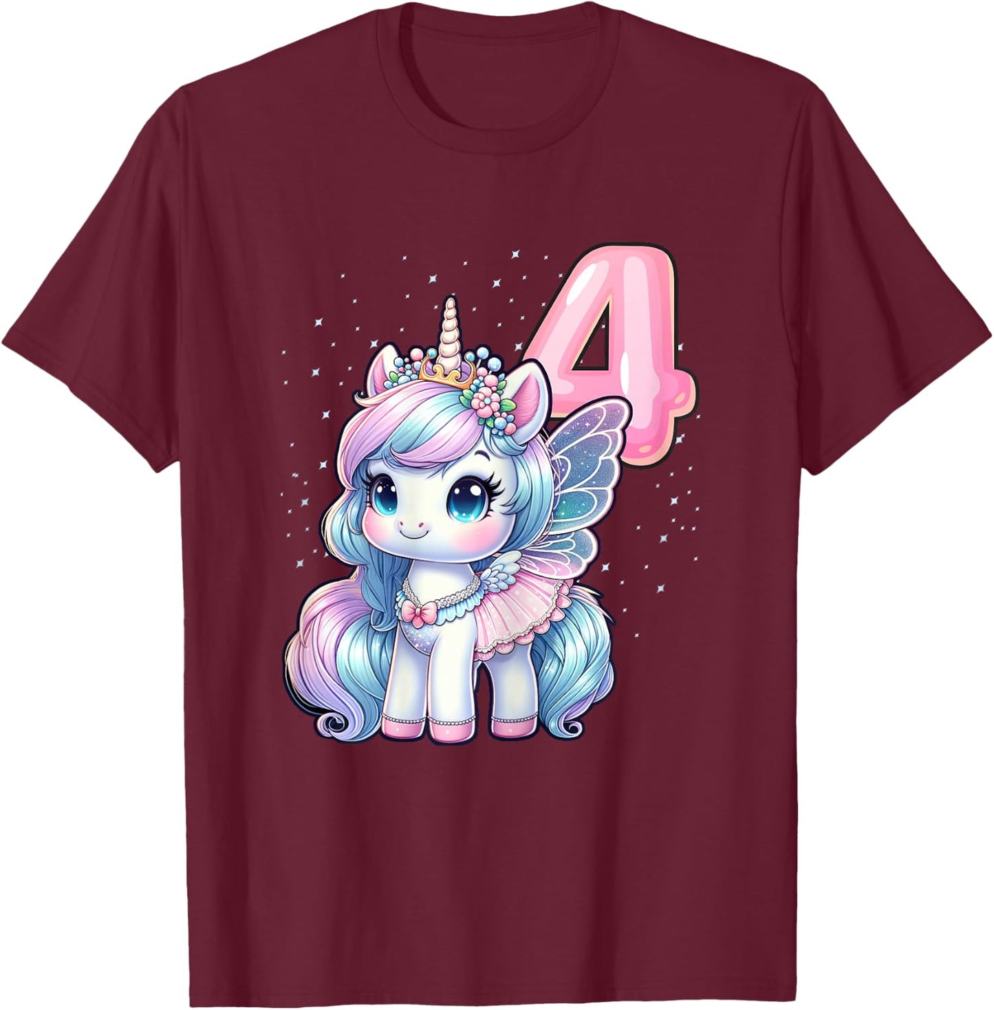Unicorn Fairy 4th Birthday 4 Year Old Party Girls Outfit T-Shirt - T-Shirt | Maroon