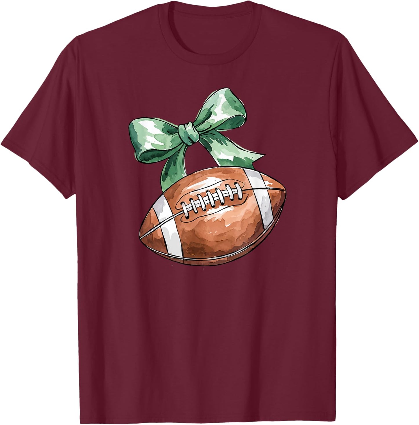 Coquette Football with Green Bow, Cute Team Spirit Sports T-Shirt - T-Shirt | Maroon