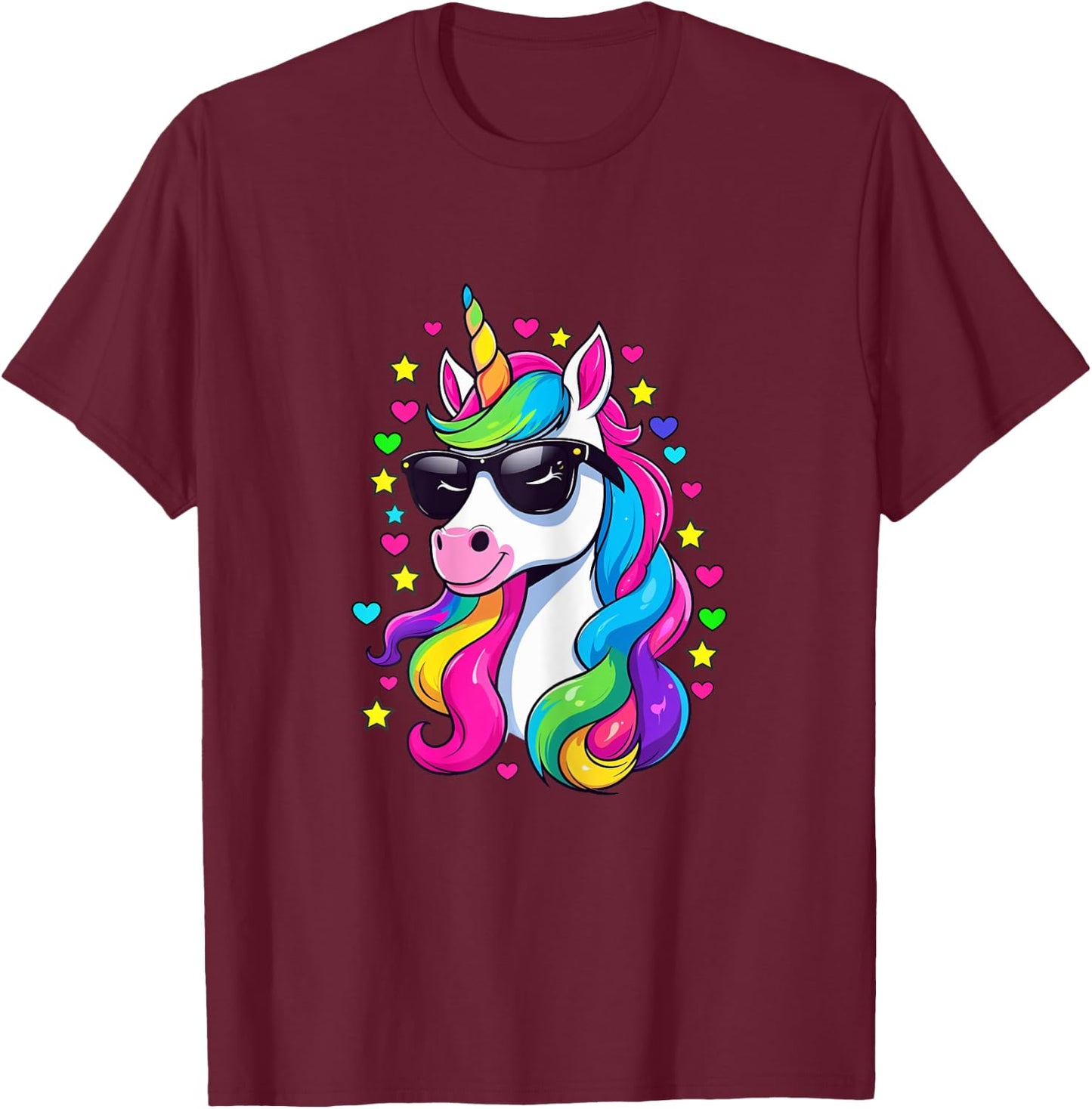 Colorful Unicorn Wearing Sunglasses Hearts and Stars T-Shirt - T-Shirt | Maroon