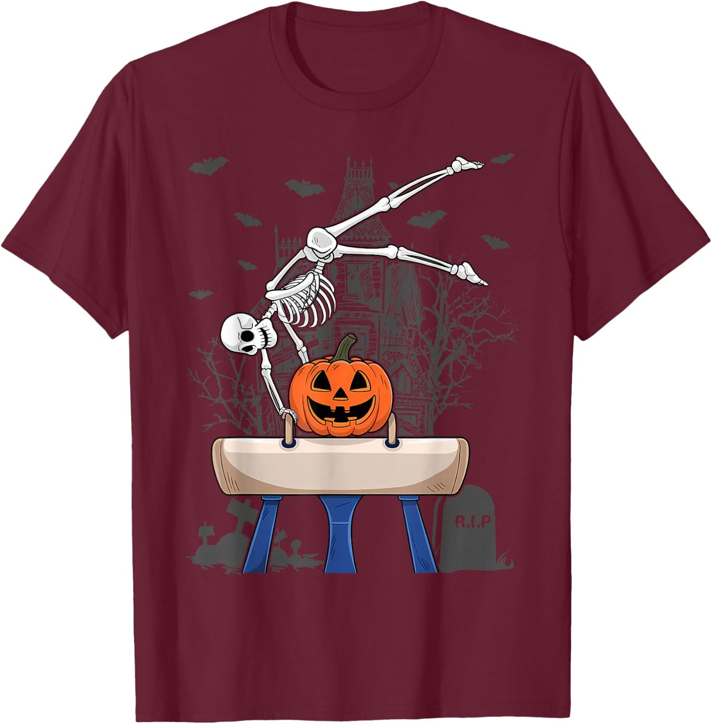 Skeleton Gymnastics Halloween Pumpkin Horizontal Bar T-Shirt - T-Shirt | Maroon