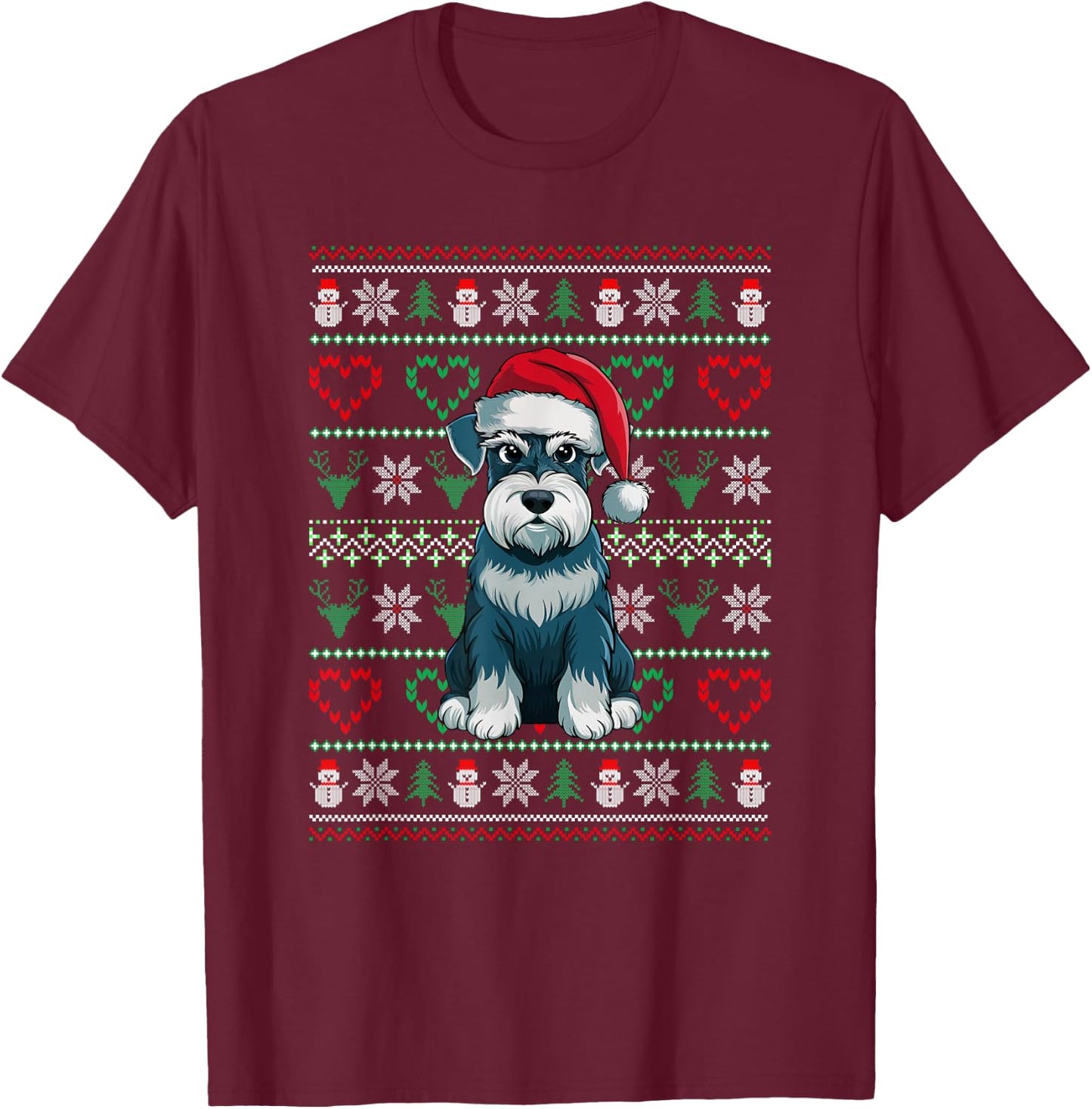 Ugly Christmas Schnauzer Dog Wearing Santa Hat Xmas Pajama T-Shirt - T-Shirt | Maroon