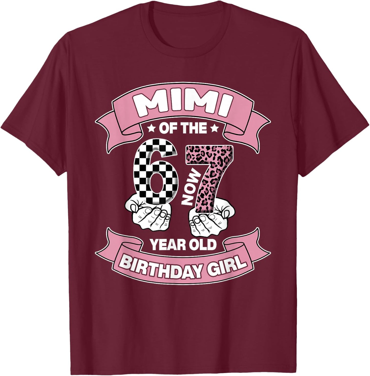 Mimi 67 Birthday 7 Years Old Ribbon Leopard Family T-Shirt - T-Shirt | Maroon