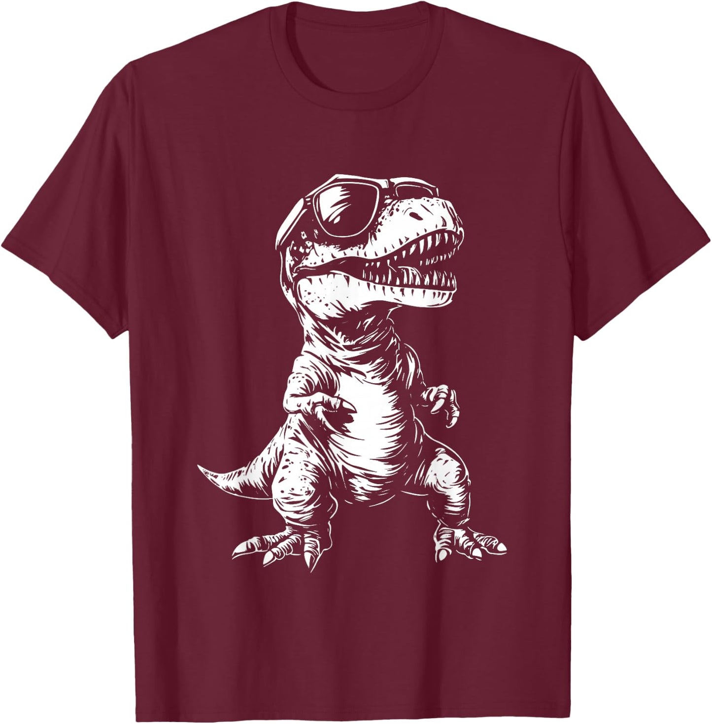 dinCo. Funny T-Rex Sunglasses - , Black, Small, Short Sleeve T-Shirt - T-Shirt | Maroon