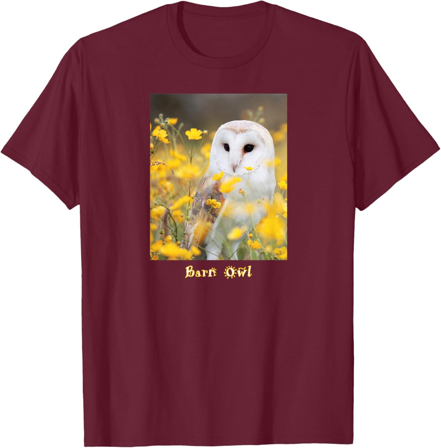 Barn Owl In Field Of Bright Yellow Flowers T-Shirt - T-Shirt | Maroon