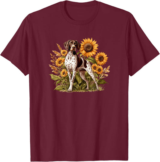 GSP Hunting Dog Sunflowers German Shorthaired Pointer T-Shirt - T-Shirt | Maroon