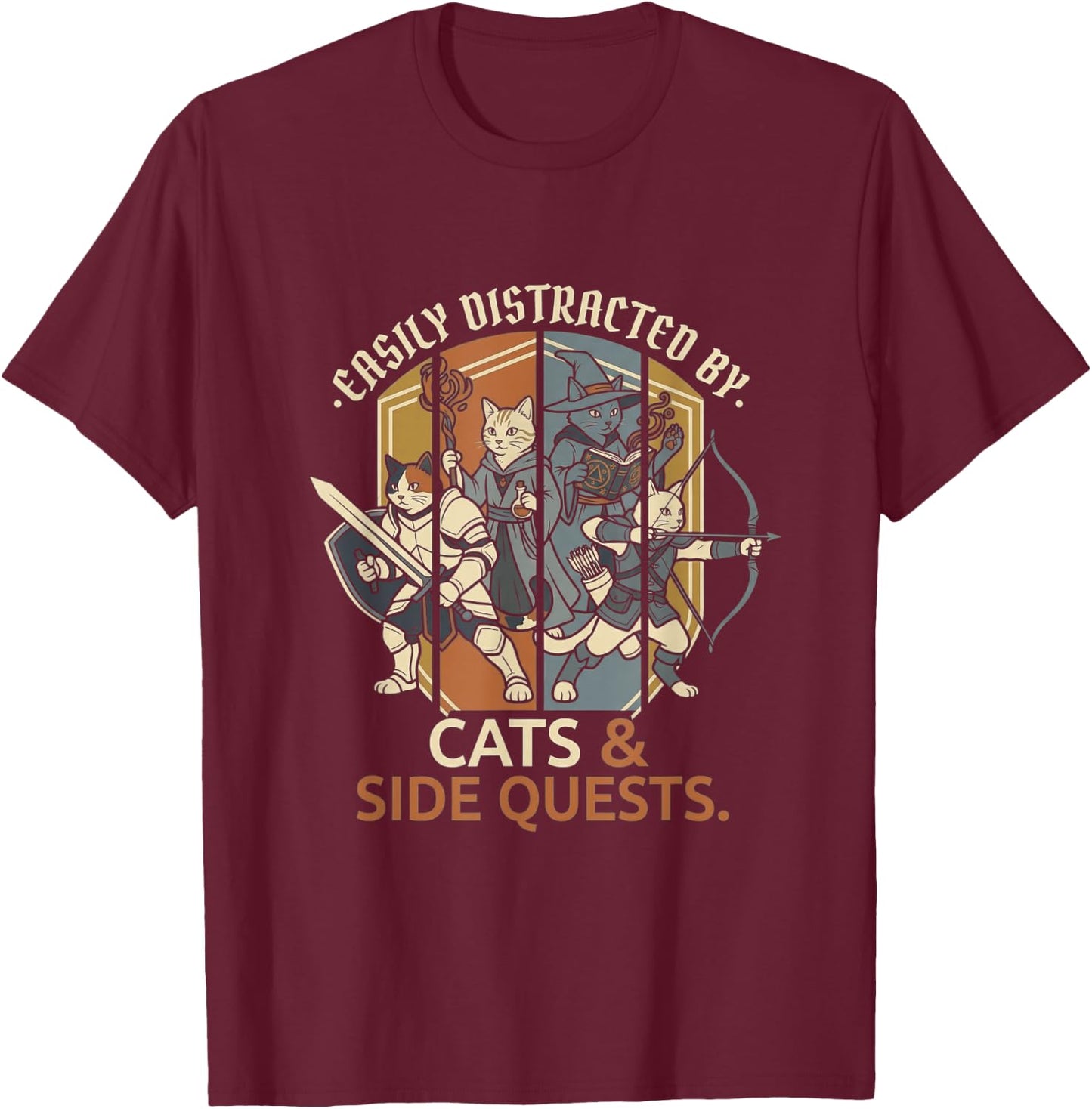 Easily Distracted By Cats and Side Quests Funny RPG Gamer T-Shirt - T-Shirt | Maroon