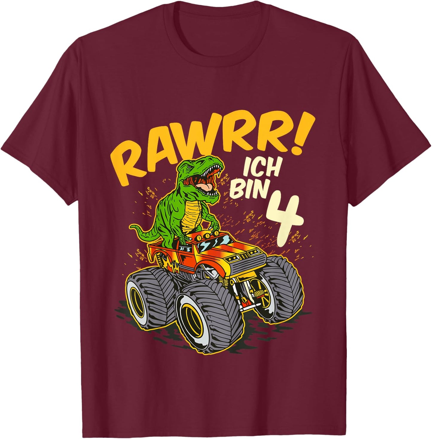 Kids 4 Years Old 4th Birthday Boy Monster Truck Car T-Rex , black T-Shirt - T-Shirt | Maroon