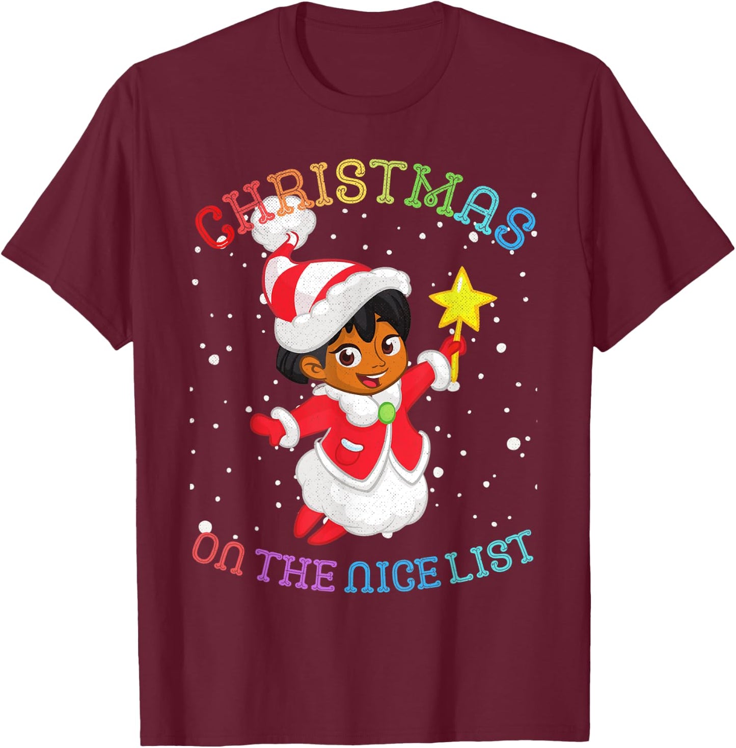 Christmas African American Girl Angel: On the Nice List T-Shirt - T-Shirt | Maroon