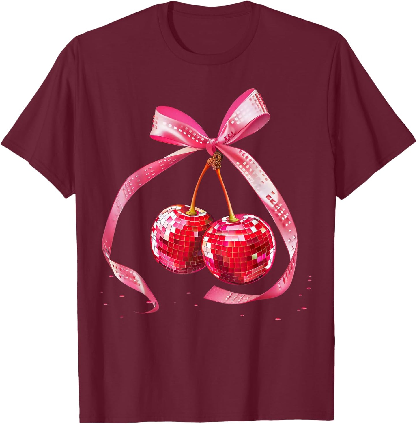 Coquette Preppy Pink Bow Cherry Disco Ball Y2K Aesthetic , black, S T-Shirt - T-Shirt | Maroon