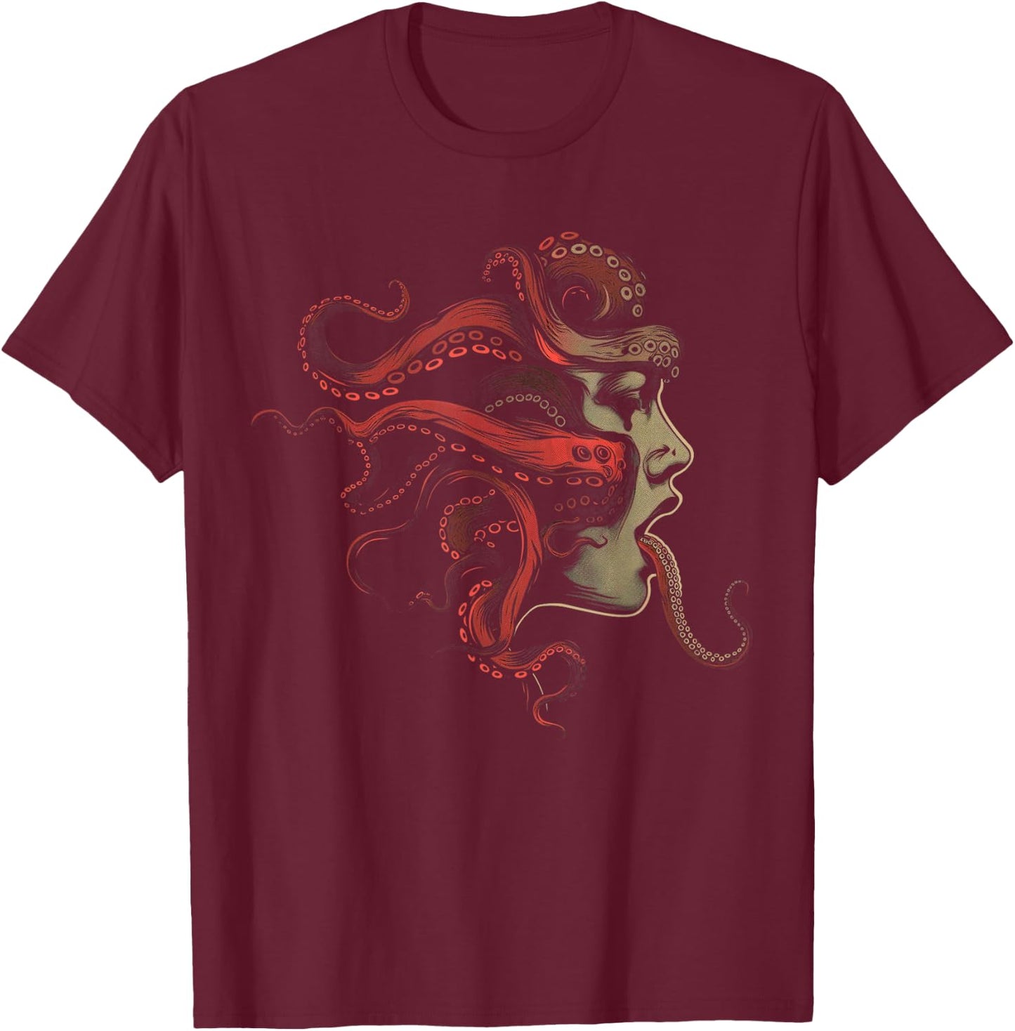 Weirdcore Aesthetic Octopus Woman Face Creepy Strangecore T-Shirt - T-Shirt | Maroon