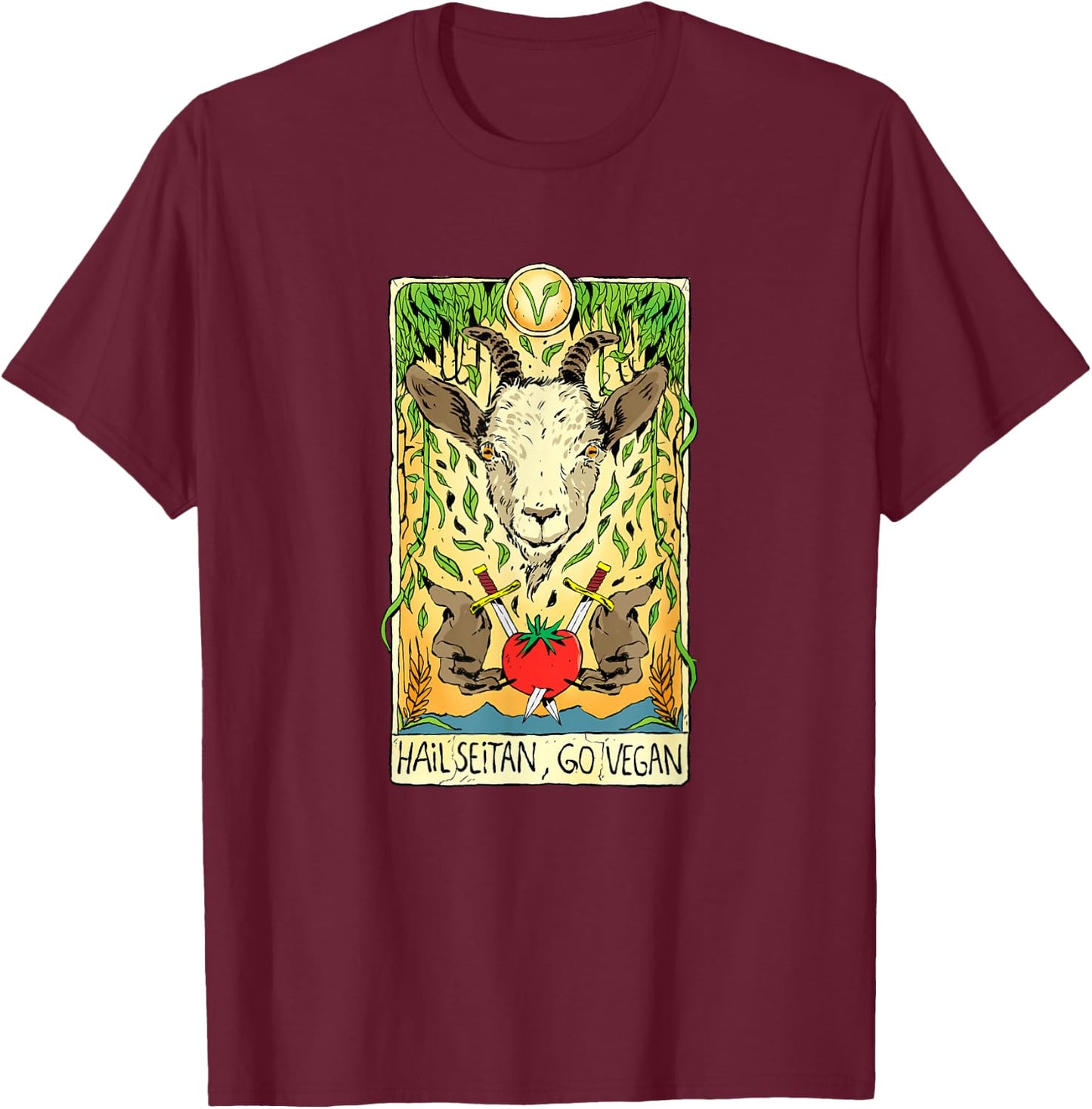 Hail Seitan Go Vegan Tarot Card Goat for Vegansim Lifestyle T-Shirt - T-Shirt | Maroon
